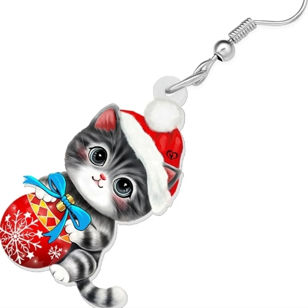 Festive Cat Earrings - Red and Gray
